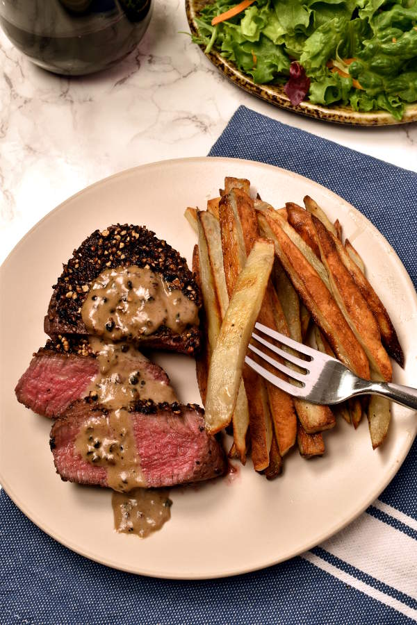 Steak au Poivre (Peppercorn-Crusted) with Oven Fries| WednesdayNightCafe.com