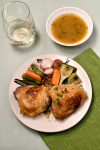 Crispy Skin Chicken Thighs with White Wine Pan Sauce and Roast Spring Vegetables| WednesdayNightCafe.com